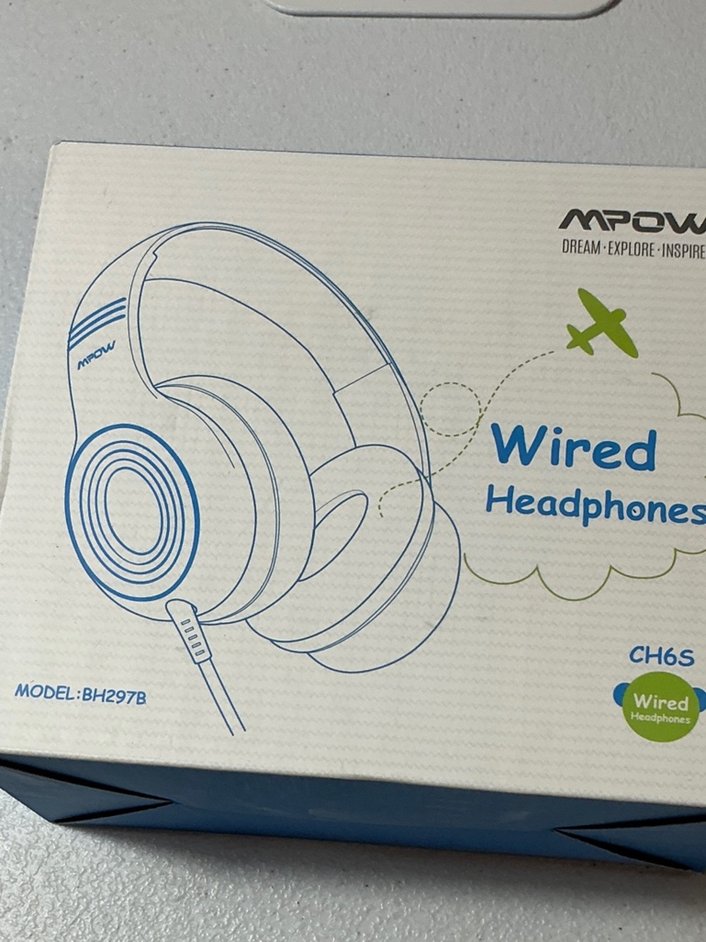 Mpow Wired Headphones in White & Blue Packaging